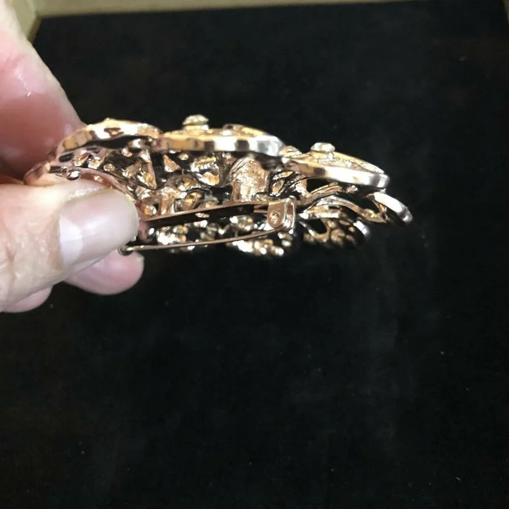 Vintage Style Brooch Antiqued Gold Tone Big Round Crystals